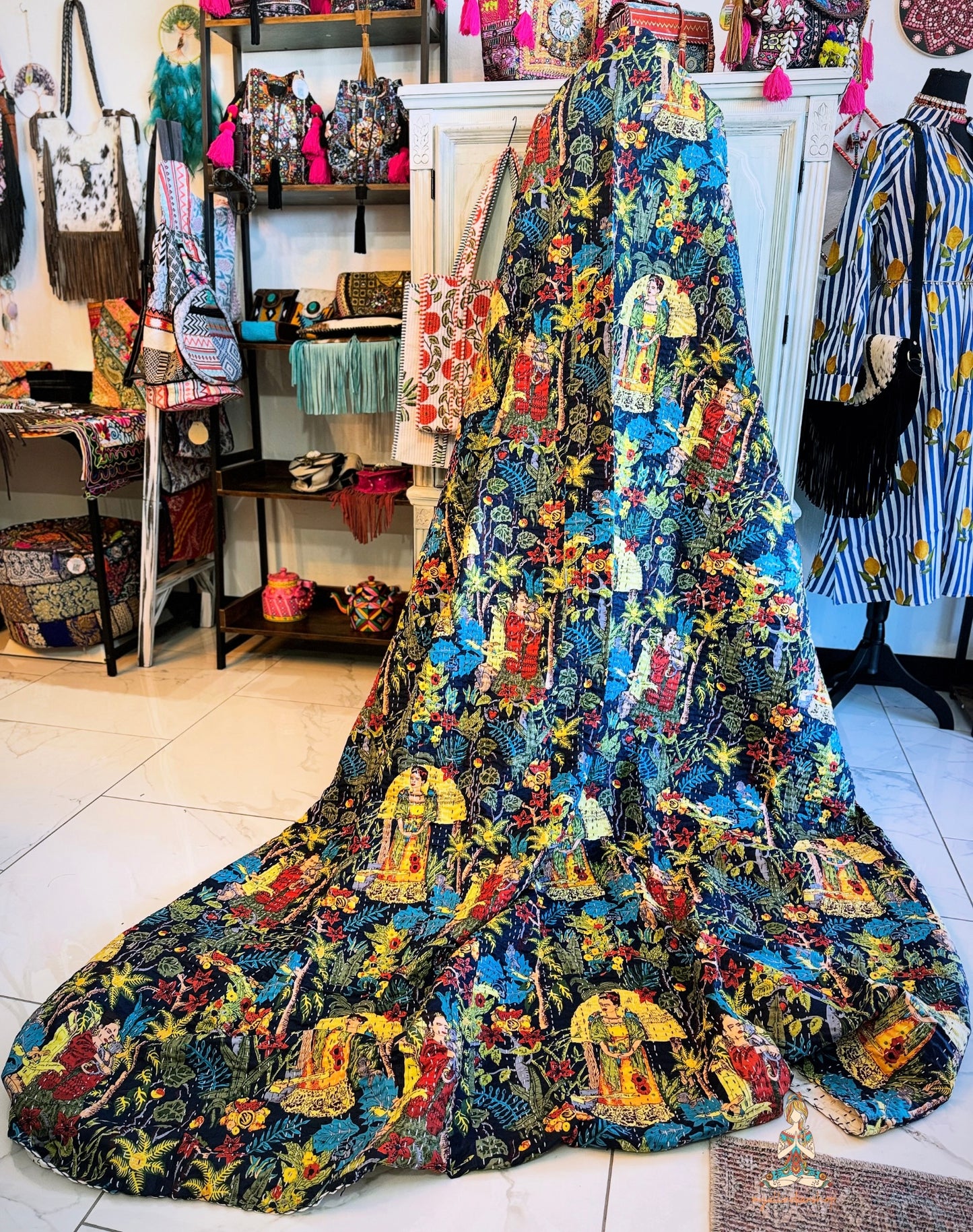 Frida in the Jungle | Hand Block Printed Kantha Quilt | 100% Cotton | Handmade | 90x100”
