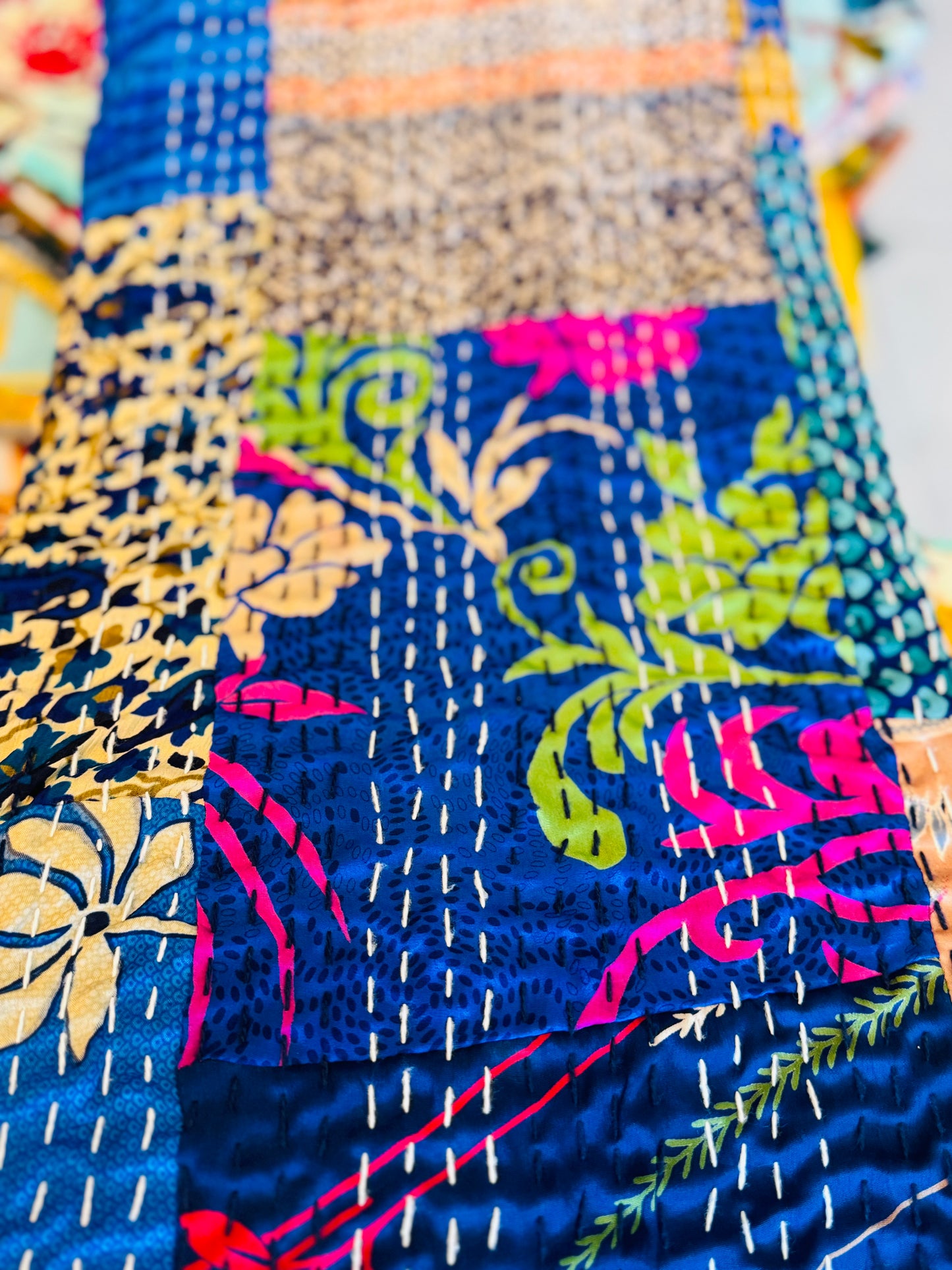 Silk Patchwork Kantha - Blue- Queen/ King