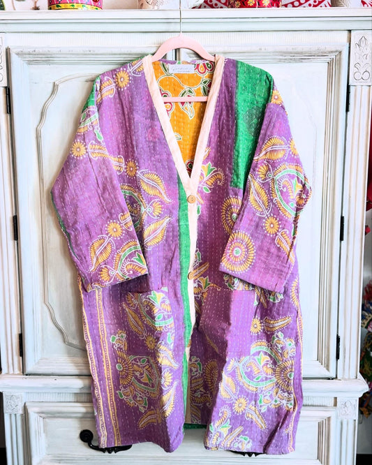 Purple patterned kimono made with sarees using kantha stitches - vintake look - two pockets