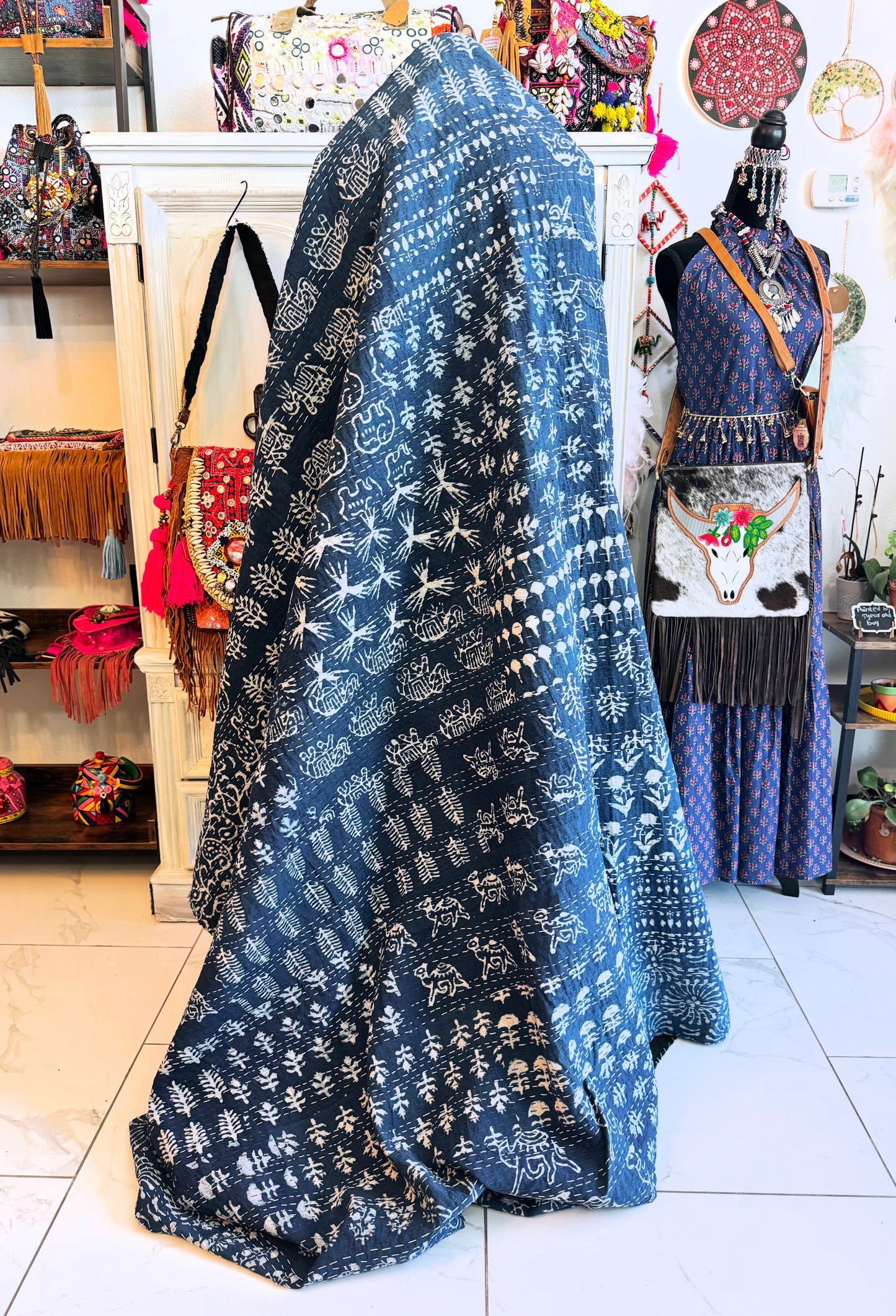 Collector’s Indigo Kantha Patchwork Quilt – 90” x 110” | Handcrafted Heirloom