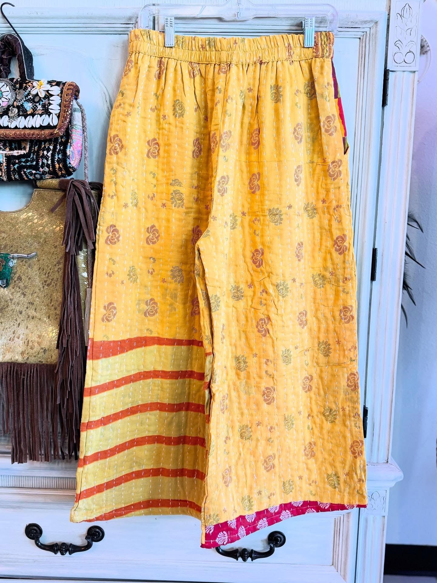 Marigold Stripes – Handmade Kantha Cotton Pants | Wide Leg Boho Trousers
