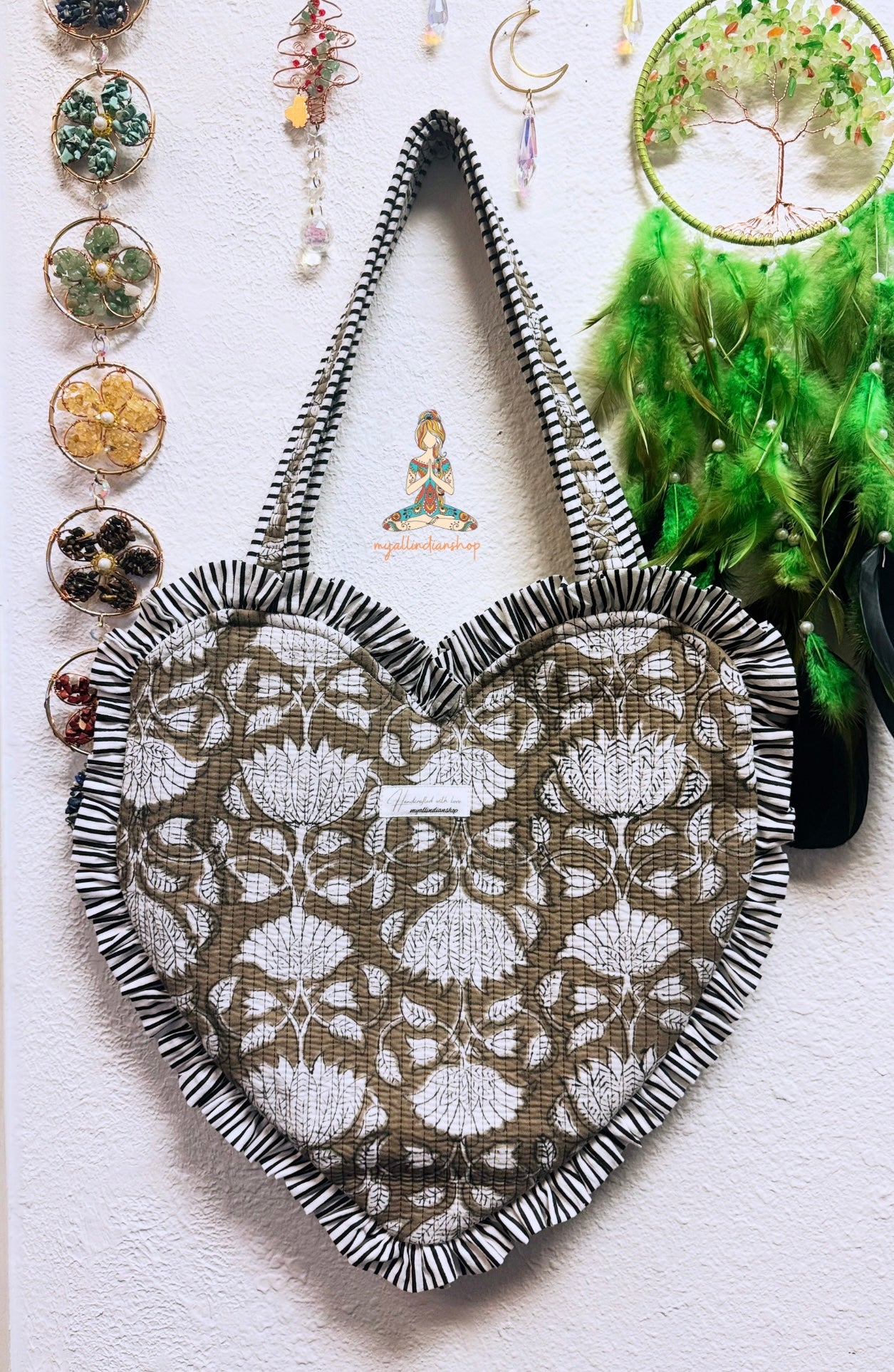 Heart-Shaped Quilted Tote Bag | Hand Block-Printed 100% Cotton | Handmade Zipper Tote