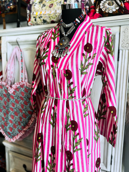 Hand Block Printed Cotton Midi Dress with Pockets – Pink Stripe Floral | One Size