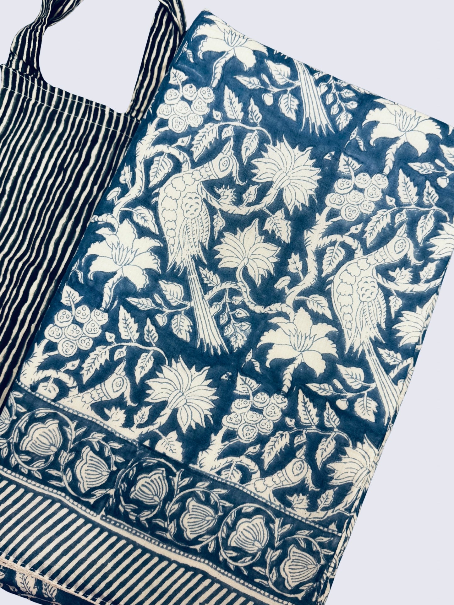 Handblock Cotton Beach Towel with Bag | Oversized Lightweight Travel Picnic Towel 72x45