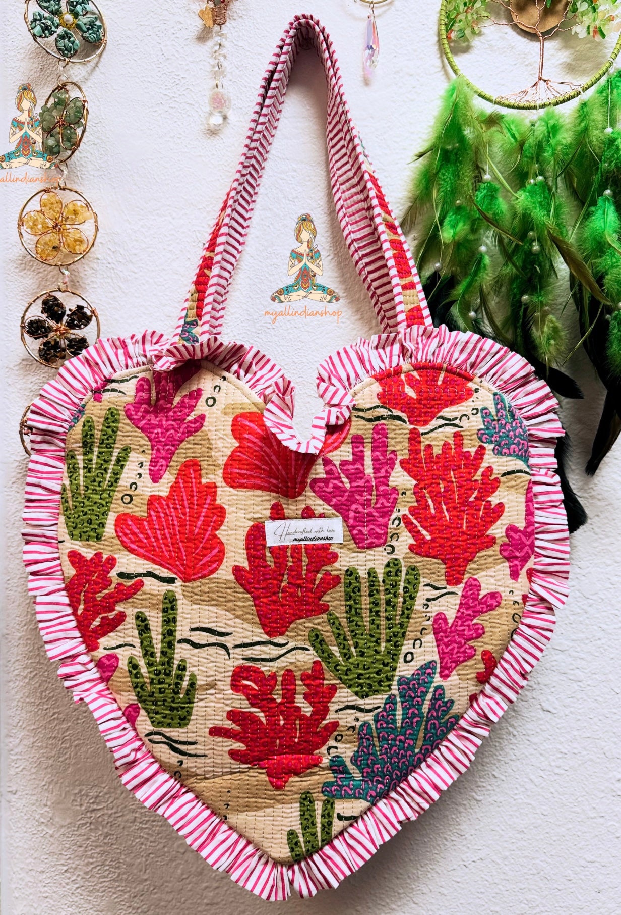 Heart Quilted Tote- Coral Reef - Zipper - Pocket