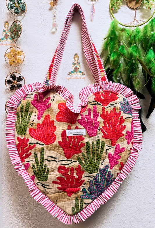 Heart Quilted Tote- Coral Reef - Zipper - Pocket