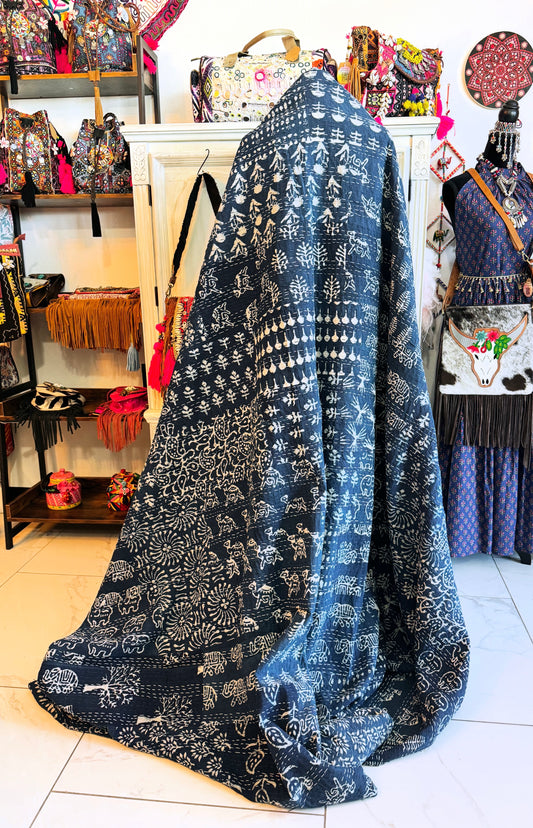 Collector’s Indigo Kantha Patchwork Quilt – 90” x 110” | Handcrafted Heirloom