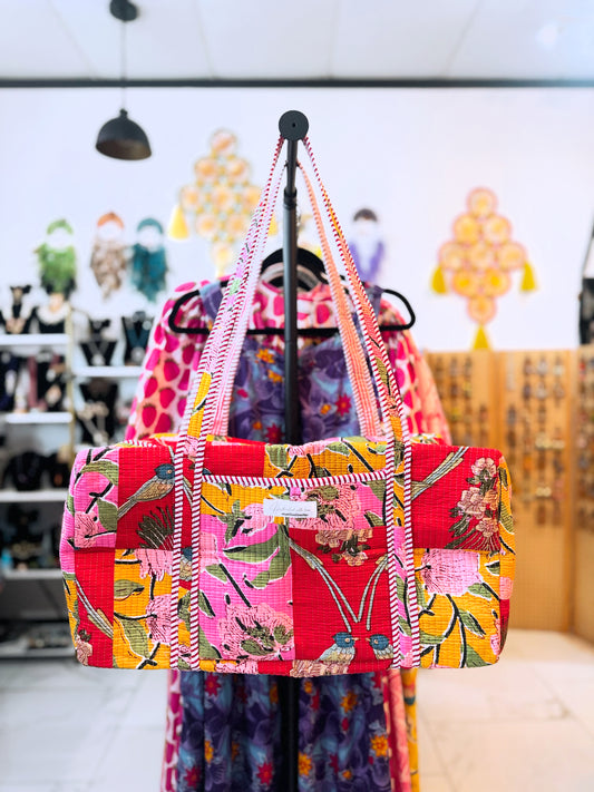 Red & Pink Patchwork Quilted Duffel Bag – Handmade Floral Bird Print Weekender Bag