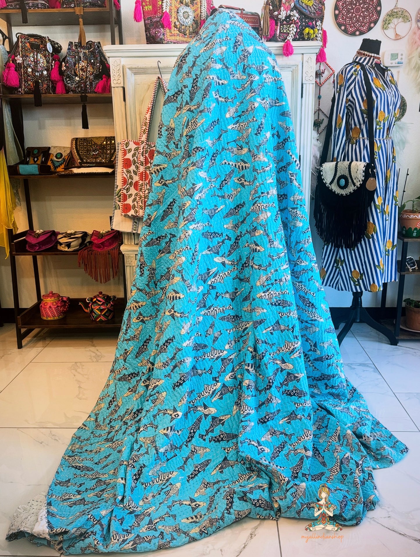 Turquoise Tide | Tribal Shark Print Kantha Quilt | 100% Cotton | Handmade | 90x110” Queen/King