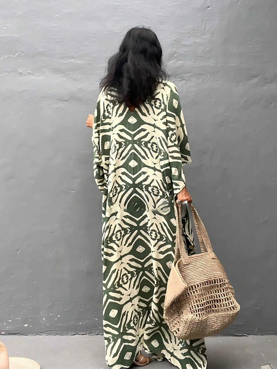 Sage Tribal Drawstring Kaftan – Adjustable Waist, Soft & Elegant