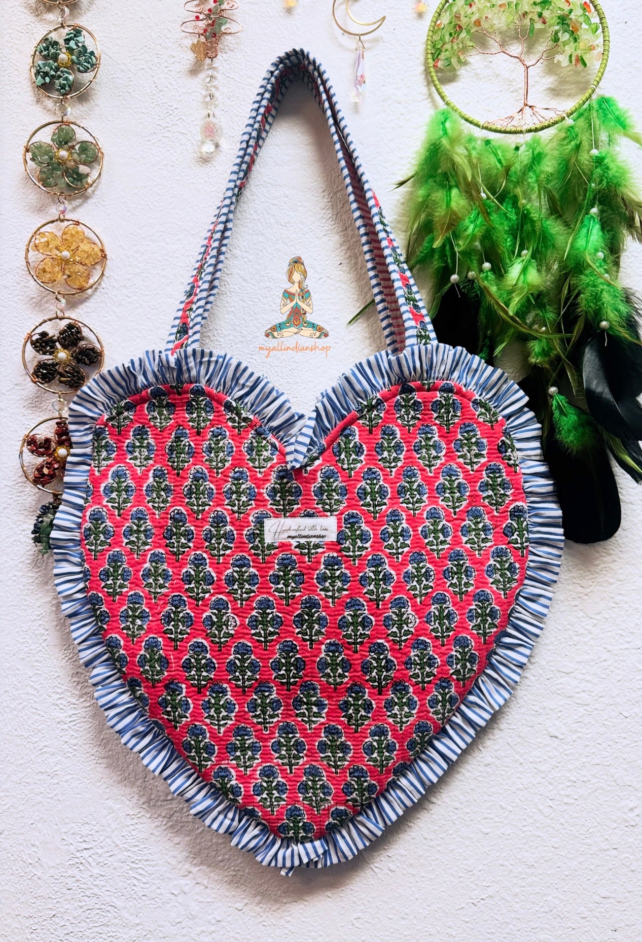 Heart-Shaped Quilted Tote Bag | Hand Block-Printed 100% Cotton | Handmade Zipper Tote