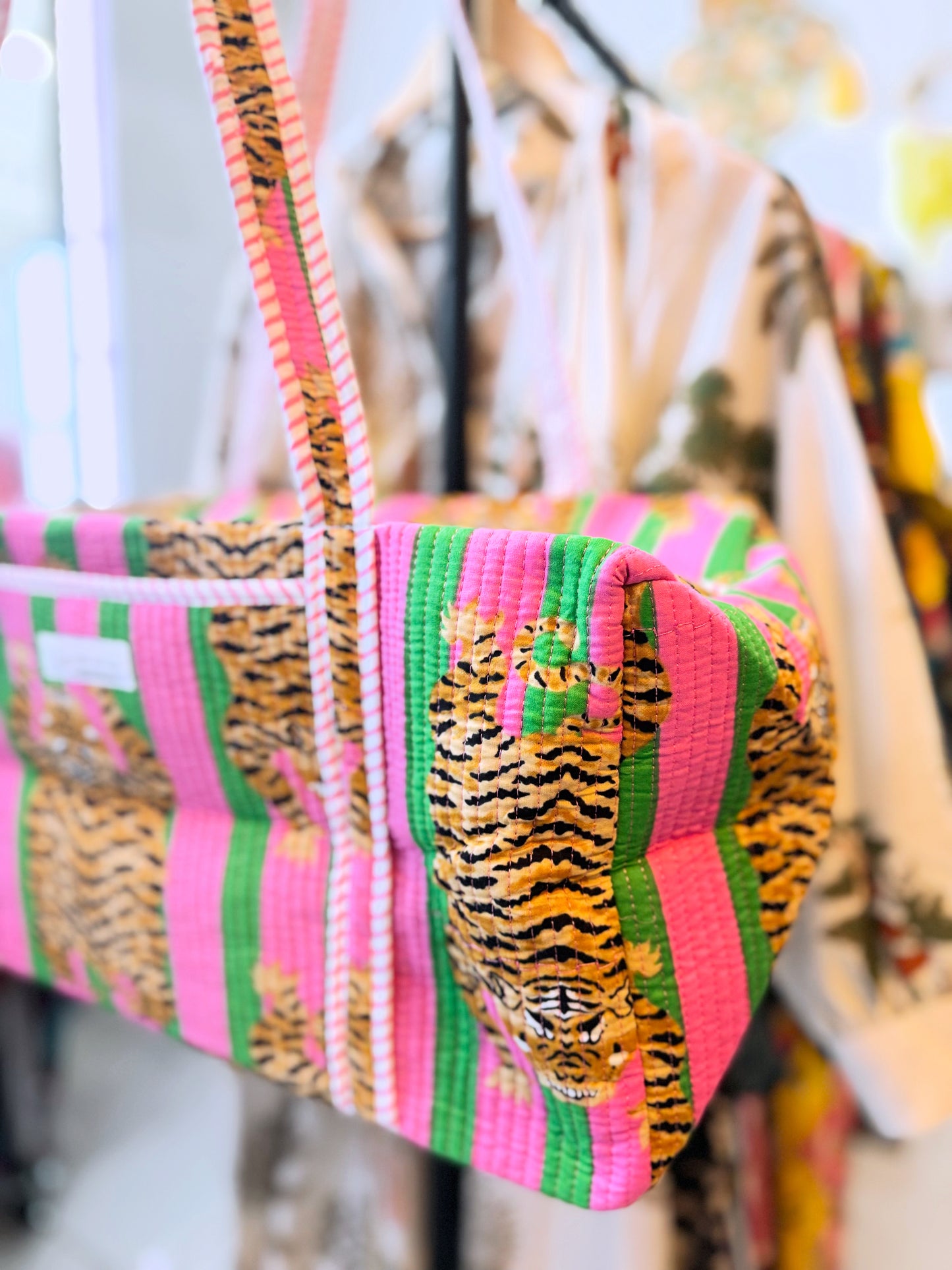 Pink & Green Tiger Print Quilted Duffel Bag – Handmade Block Print Weekender Travel Bag
