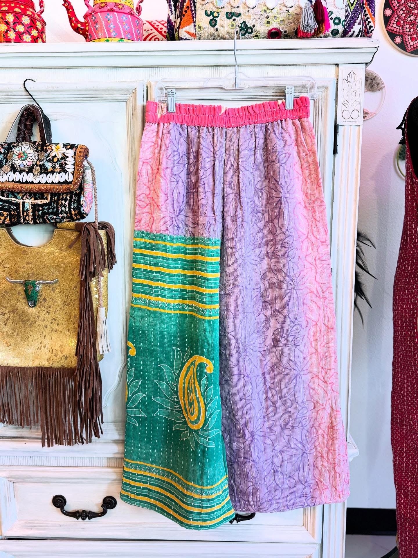 Rose Garden – Handmade Kantha Cotton Pants | Wide Leg Boho Trousers