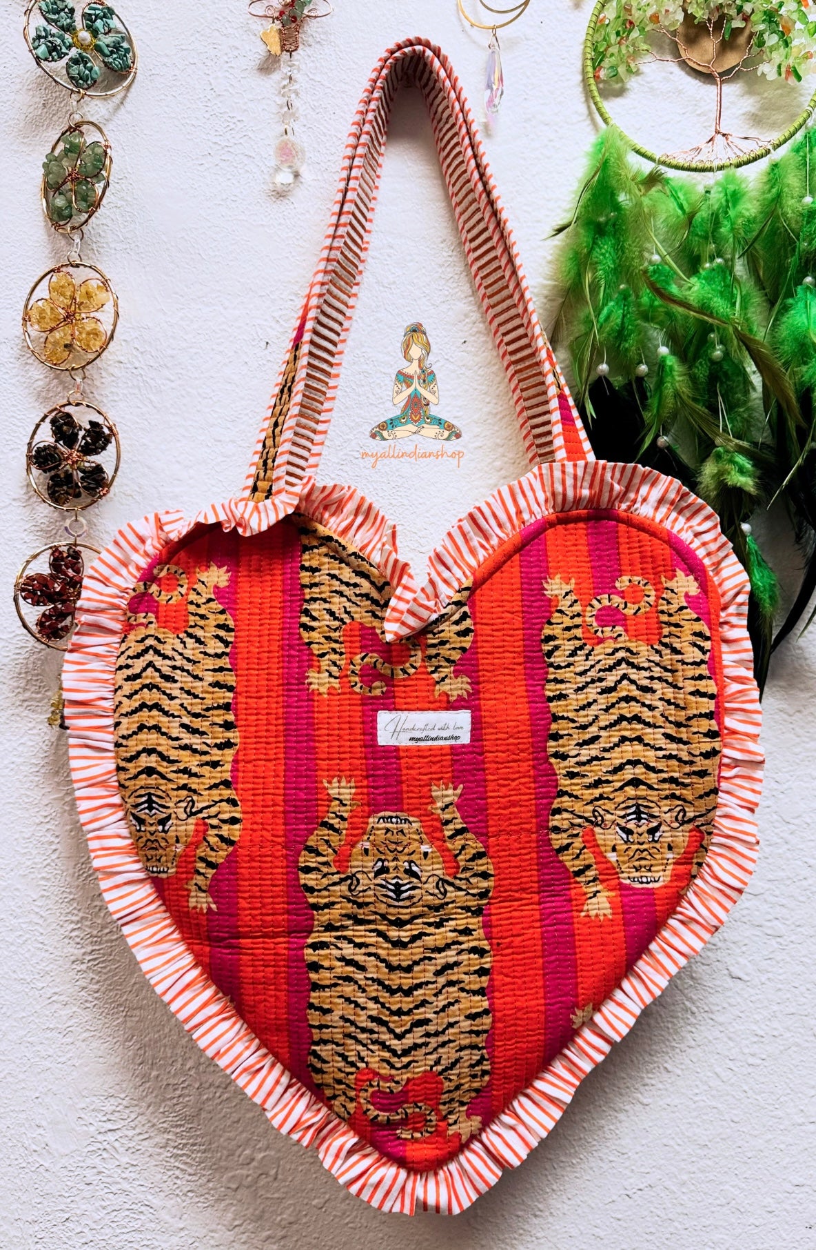 Heart Quilted Tote- Tiger- Orange - Zipper - Pocket