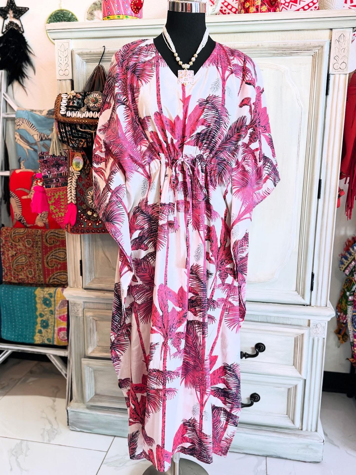 Handblock Cotton Kaftan-PalmTrees