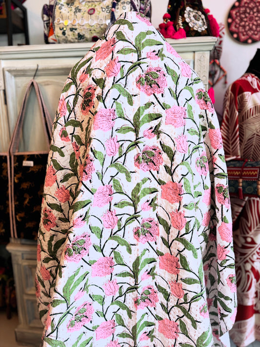 Blush Meadow – Pink Floral Handblock Printed Kantha Quilt | 100% Cotton | Handmade