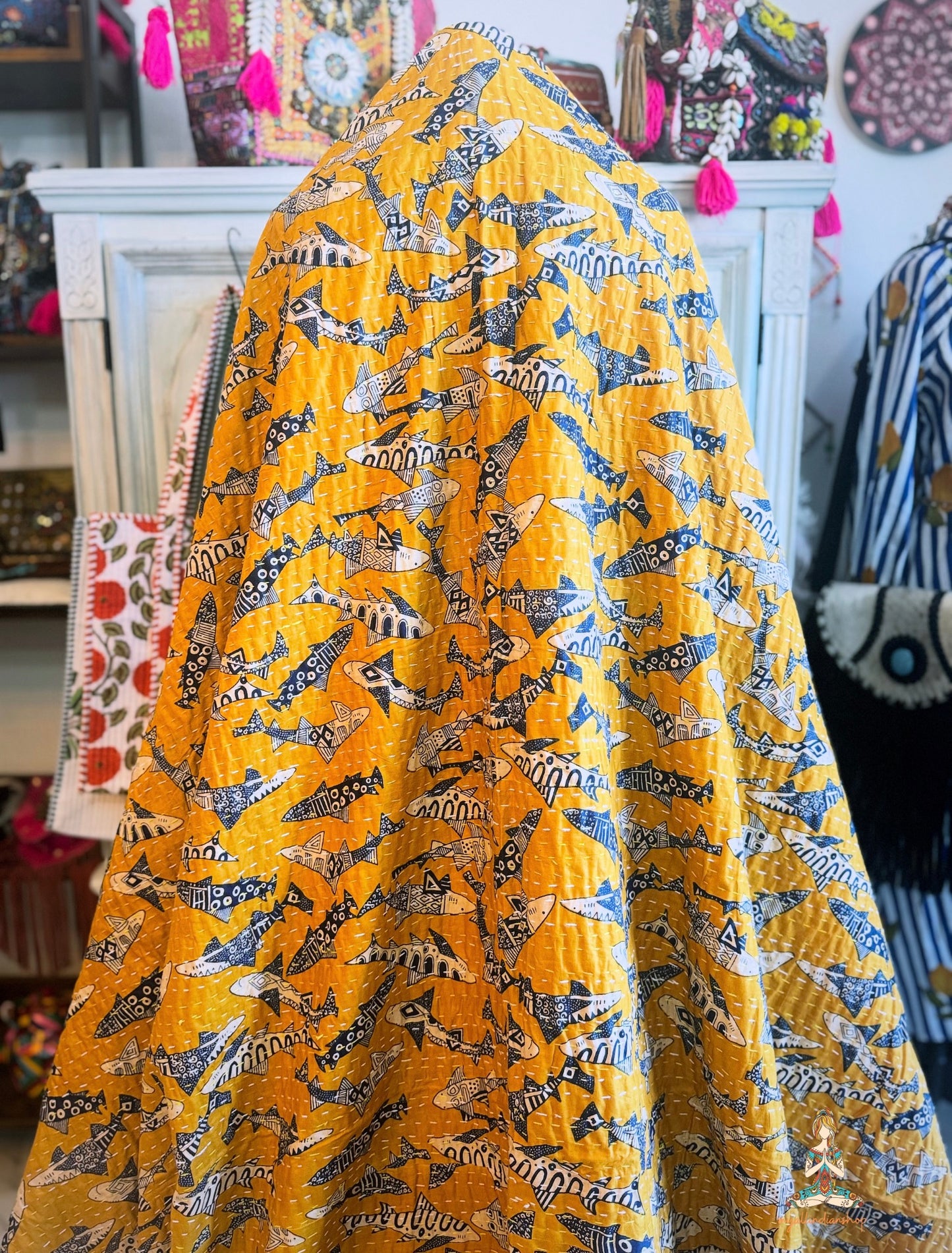 Mustard Shoal | Tribal Shark Print Kantha Quilt | 100% Cotton | Handmade | 90x110” Queen/King