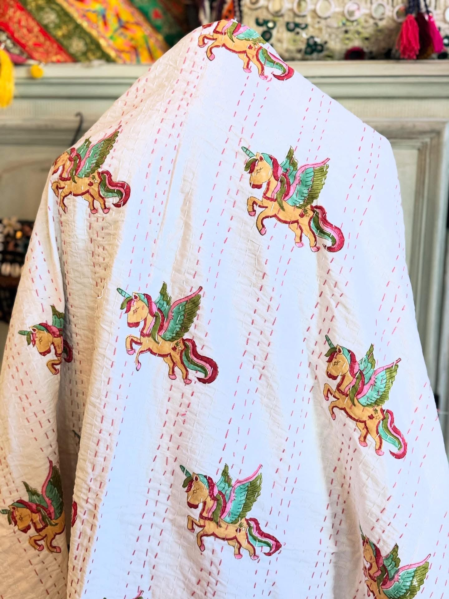 Kantha Cotton Quilt – Unicorns & Solid White | Handmade Toddler Blanket