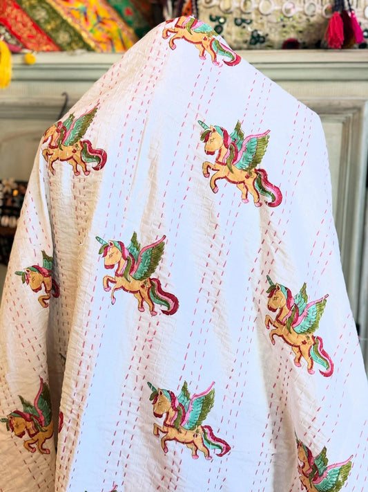 Kantha Cotton Quilt – Unicorns & Solid White | Handmade Toddler Blanket