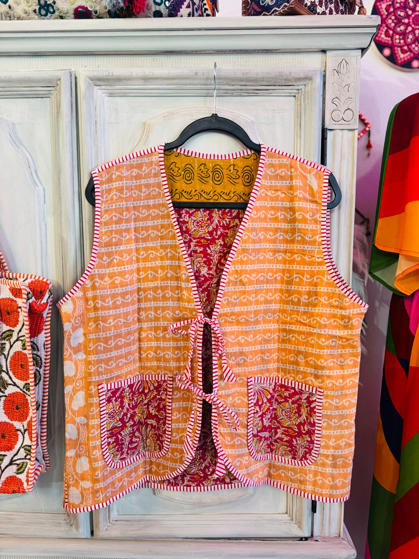 Handmade Reversible Kantha Vest – Amber | 100% Cotton Jacket
