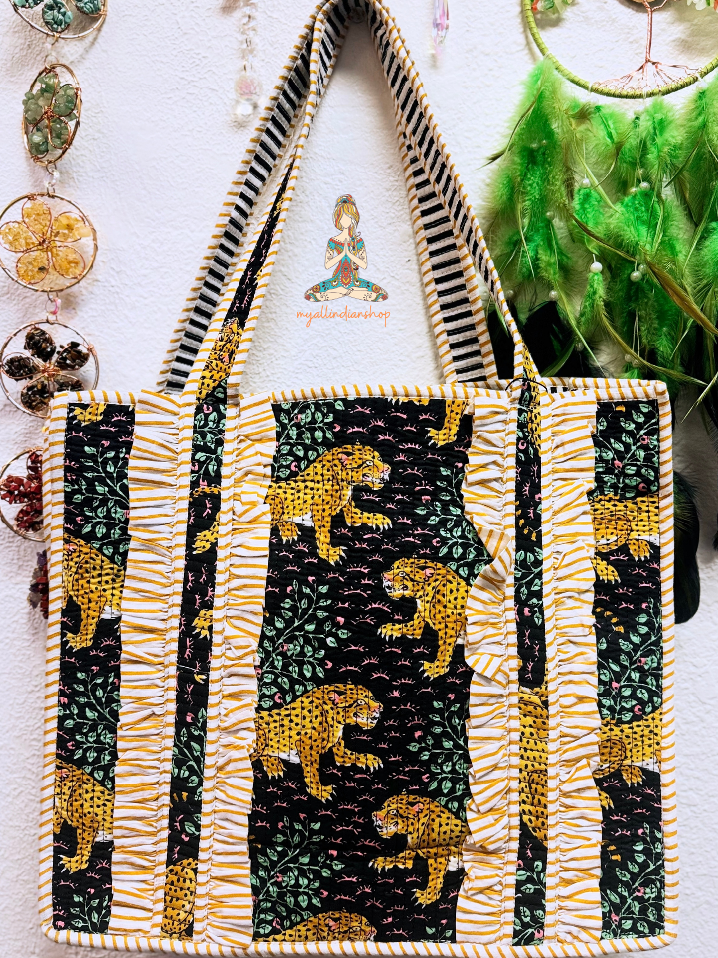 Black Leopard Print Reversible Quilted Tote Bag | Golden Grove Hand Block Print Ruffle Tote