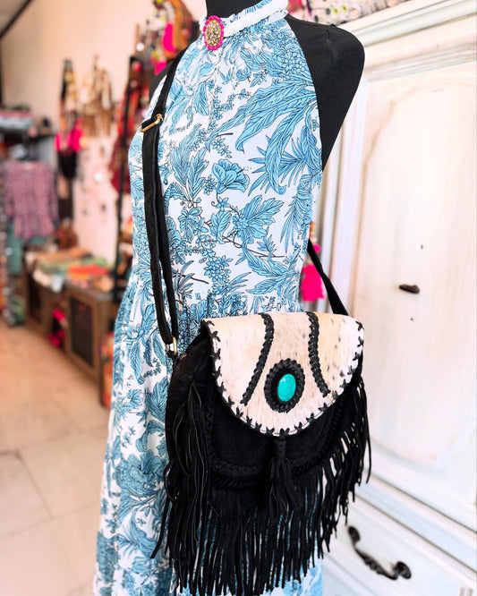 Black & White Cowhide Fringe Crossbody – Midnight Spirit Leather Bag with Turquoise Accent