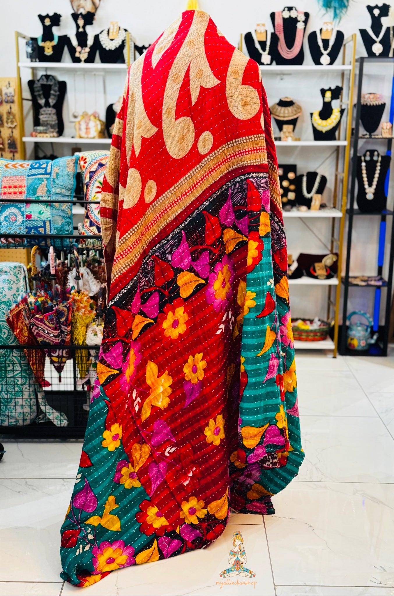 Royal Green Saree Kantha Quilt – Twin Size - Throw Blanket