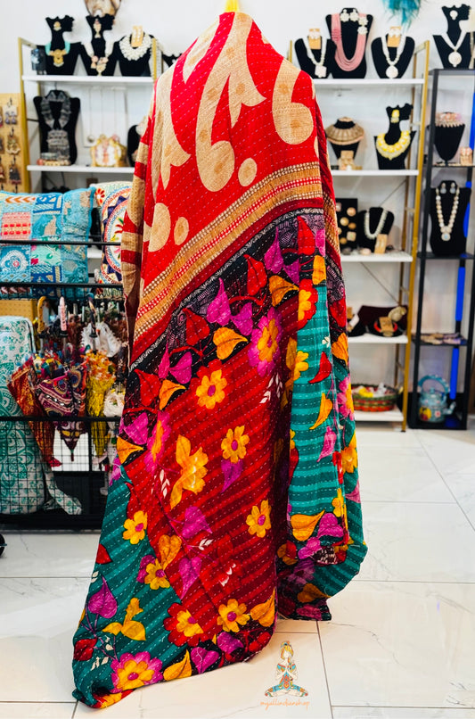 Royal Green Saree Kantha Quilt – Twin Size - Throw Blanket