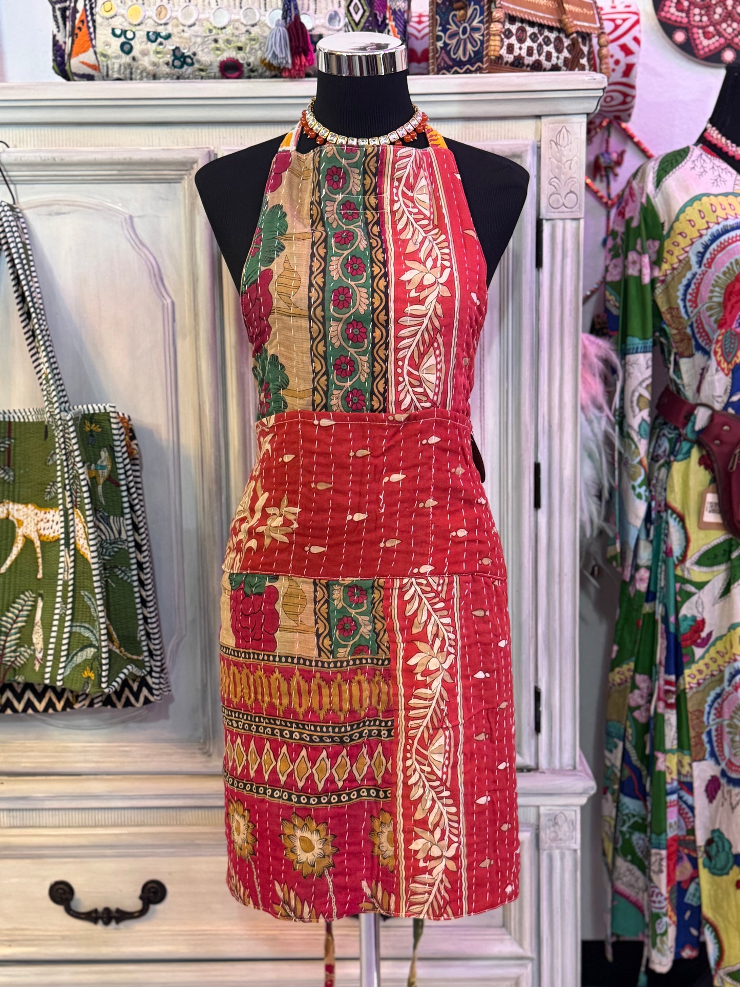 Meadow Spice Cotton Kantha Apron | Handmade | Reversible | 6 Pockets