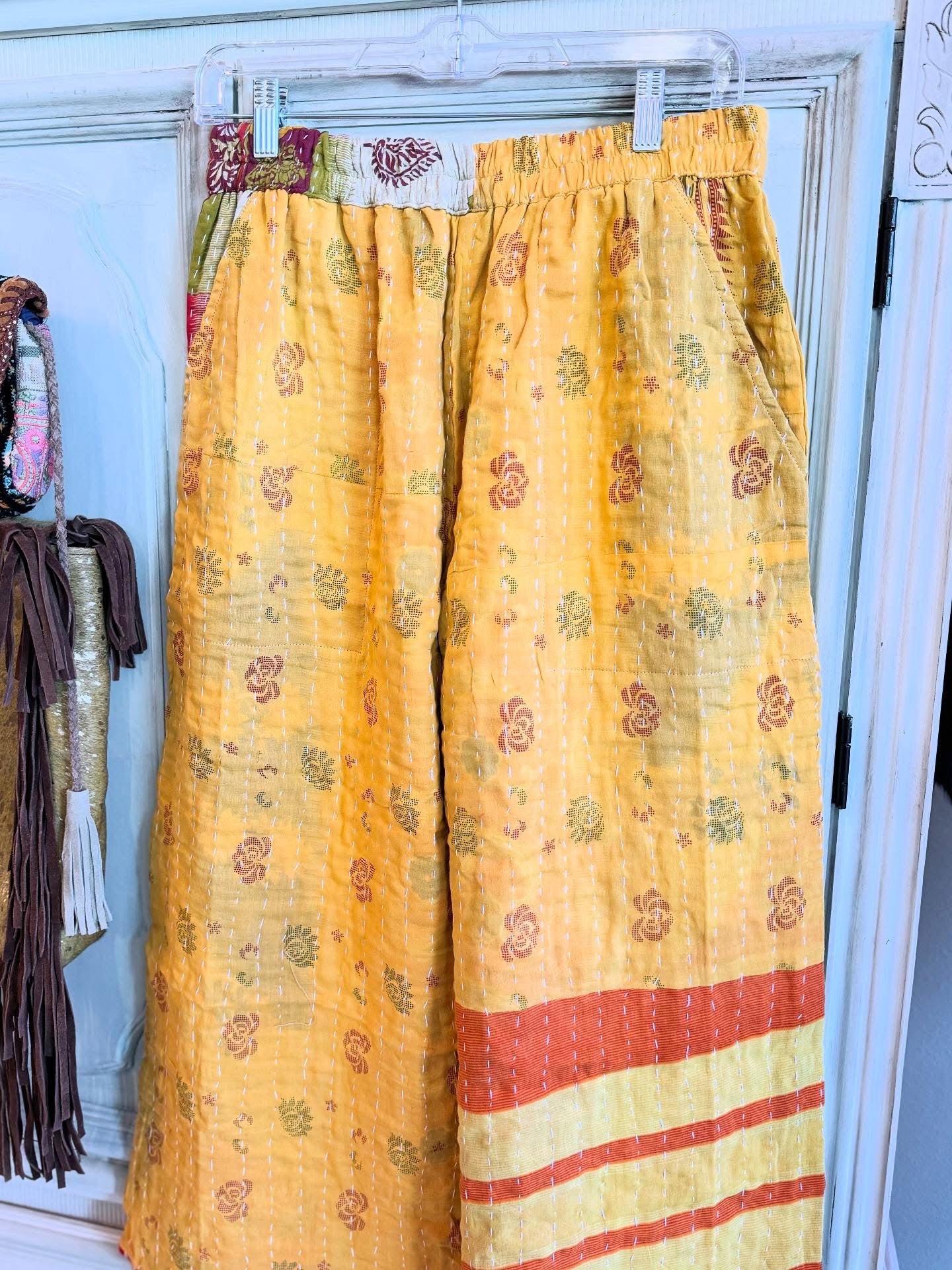 Marigold Stripes – Handmade Kantha Cotton Pants | Wide Leg Boho Trousers