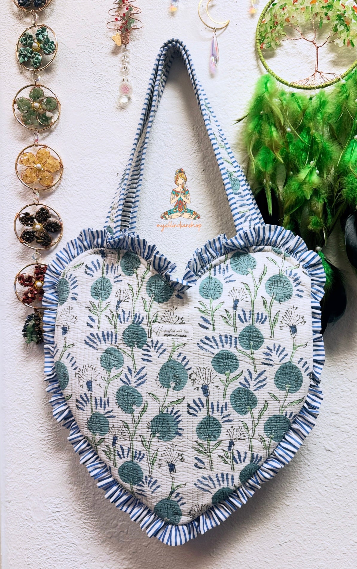 Heart-Shaped Quilted Tote Bag | Hand Block-Printed 100% Cotton | Handmade Zipper Tote