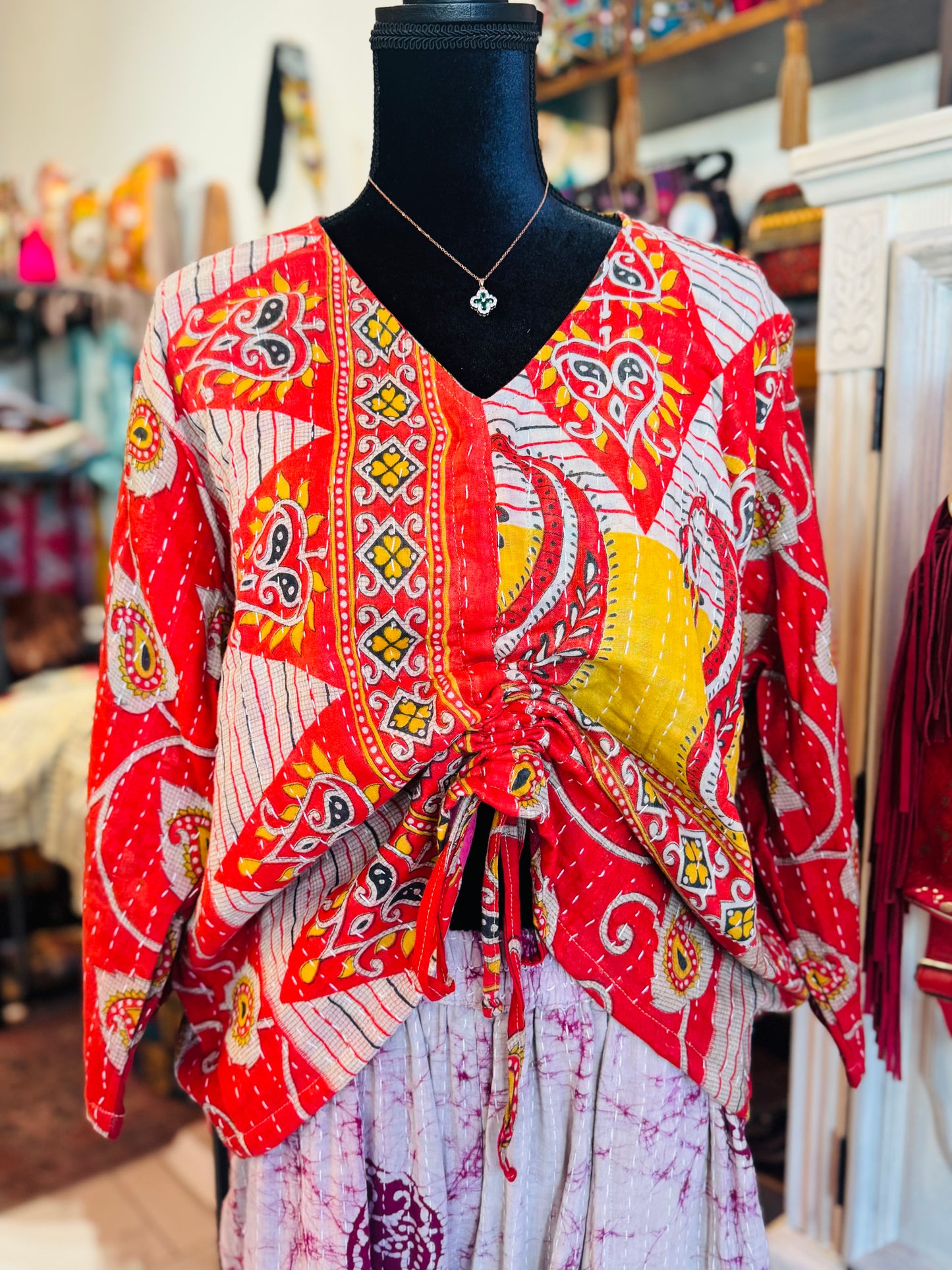 Crimson Mosaic Butterfly 2-Way Top – Handmade | 100% Cotton Boho Blouse