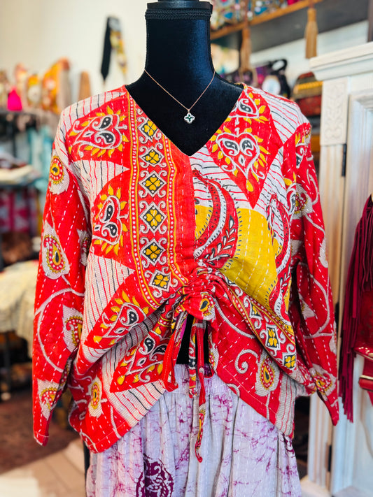 Crimson Mosaic Butterfly 2-Way Top – Handmade | 100% Cotton Boho Blouse