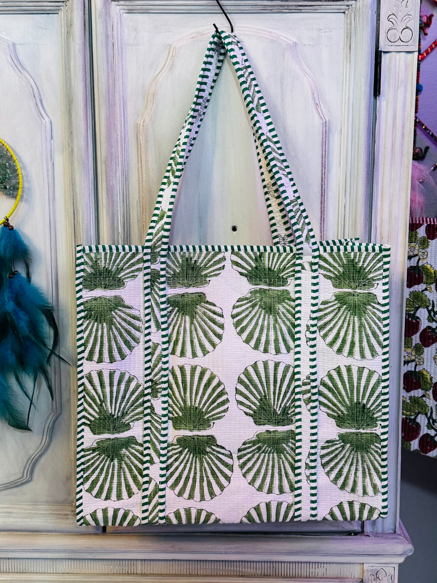 Green Shell Breeze Tote – Handmade Quilted Cotton Bag | Boho Everyday Tote
