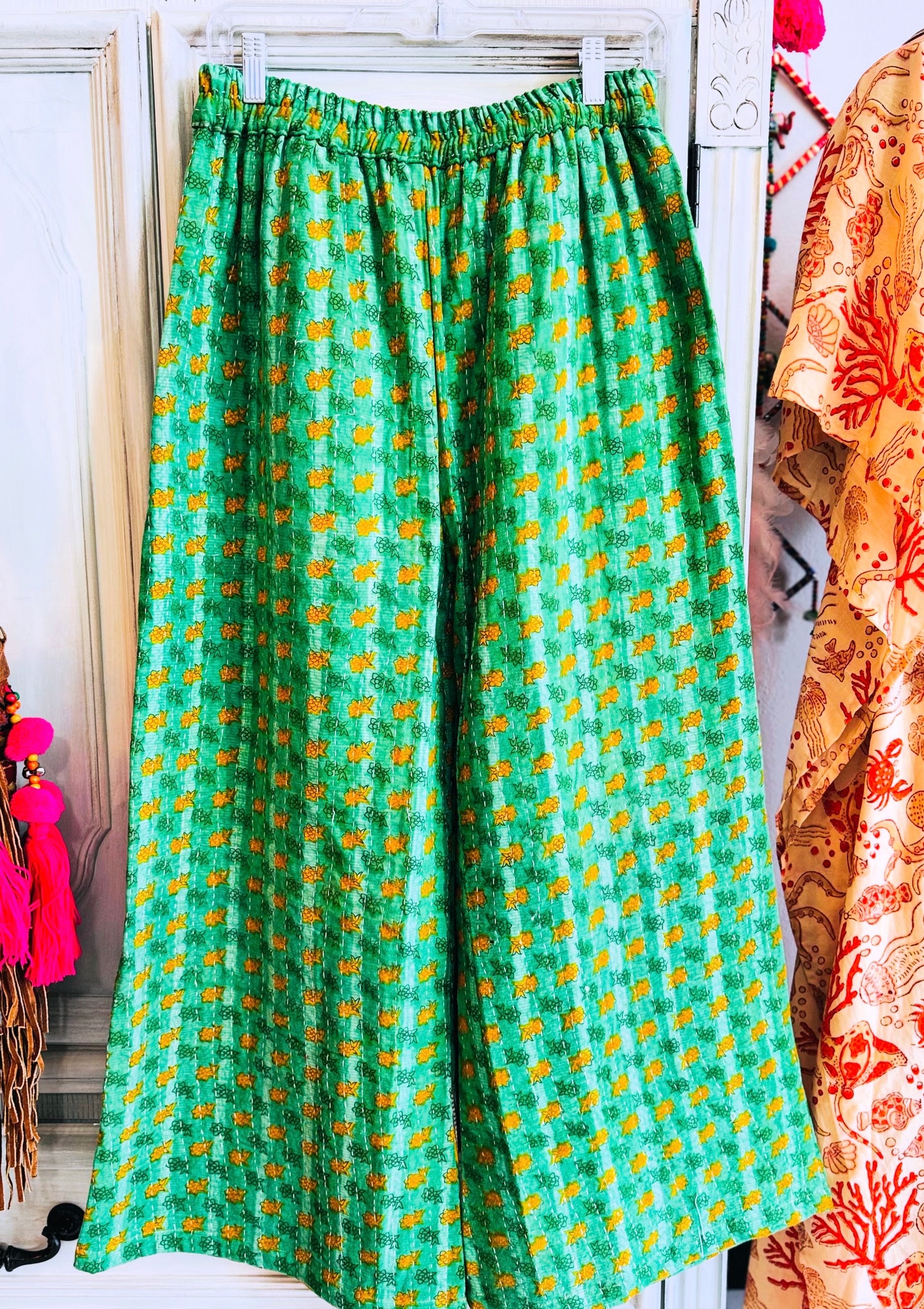 Meadow Whisper – Handmade Kantha Cotton Pants | Wide Leg Boho Trousers | Pockets
