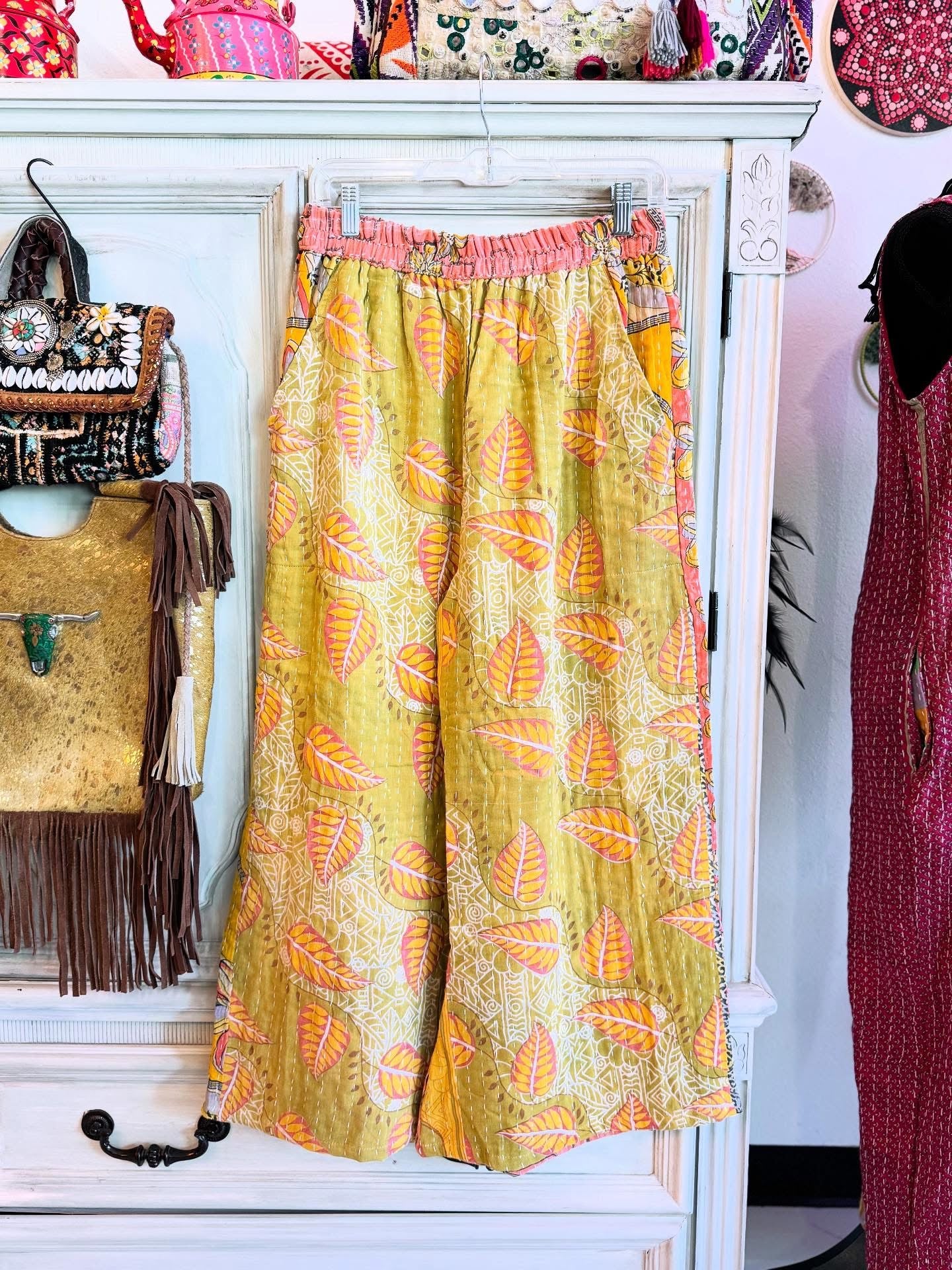 Olive Leaf – Handmade Kantha Cotton Pants | Wide Leg Boho Trousers