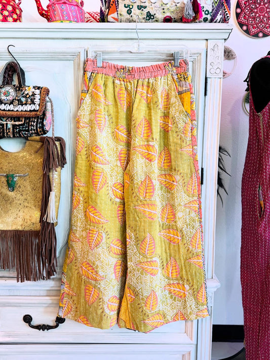 Olive Leaf – Handmade Kantha Cotton Pants | Wide Leg Boho Trousers