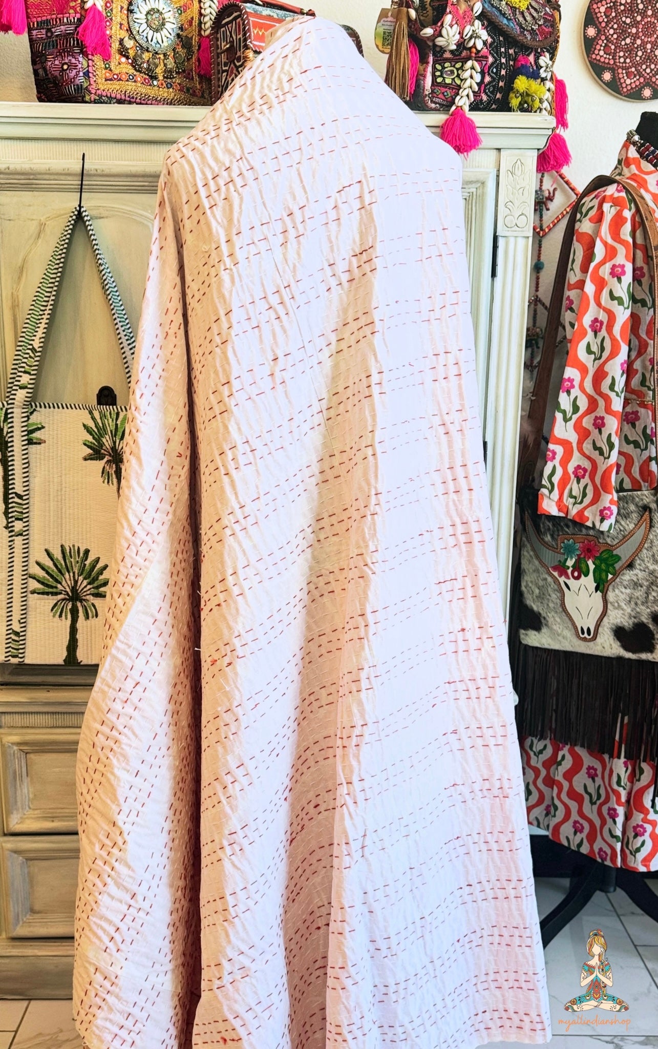Hot Pink Kantha Quilt | Botanical Block Print Throw | Twin Size