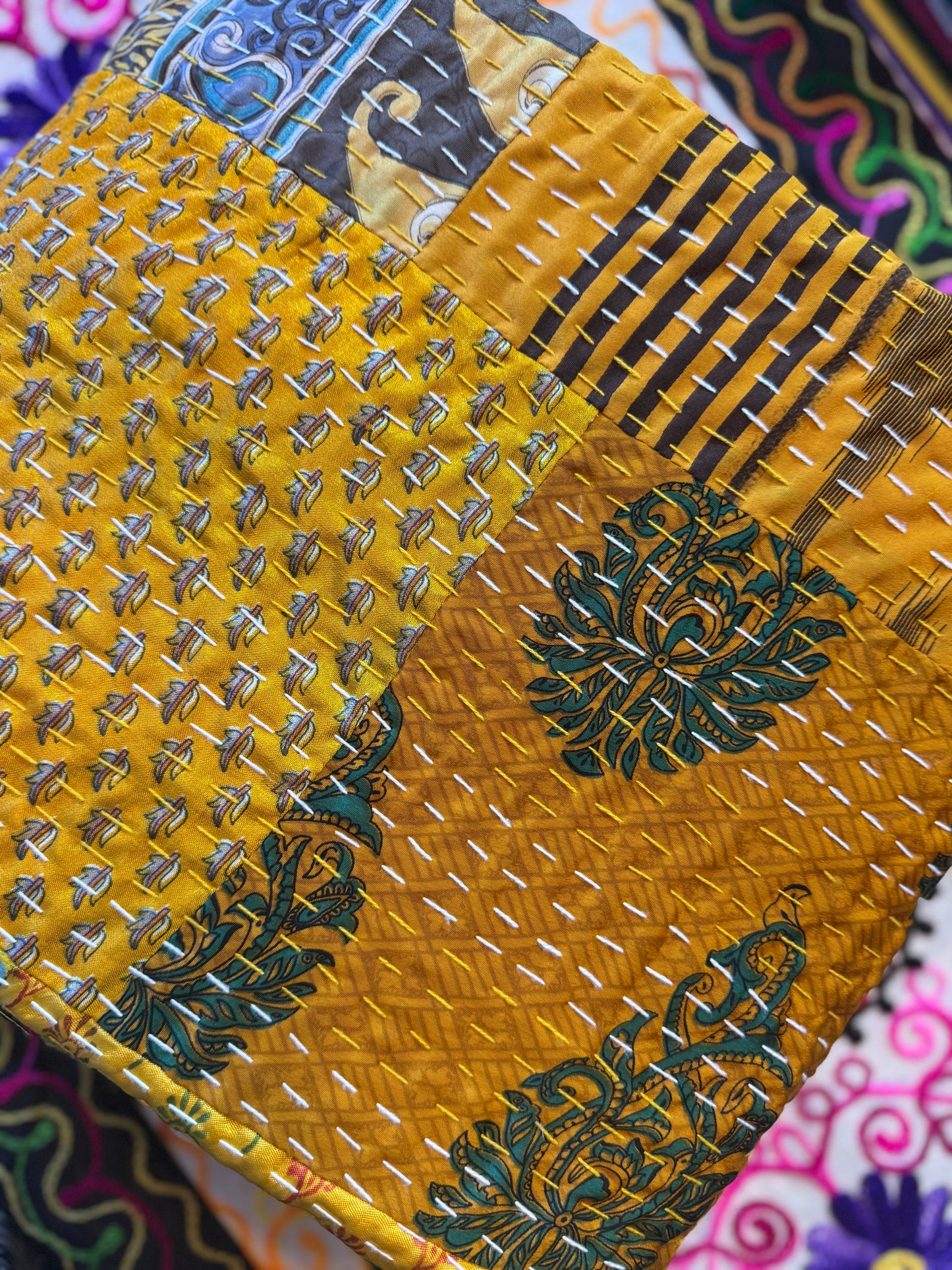 Silk Patchwork Kantha - Yellow- Queen/ King