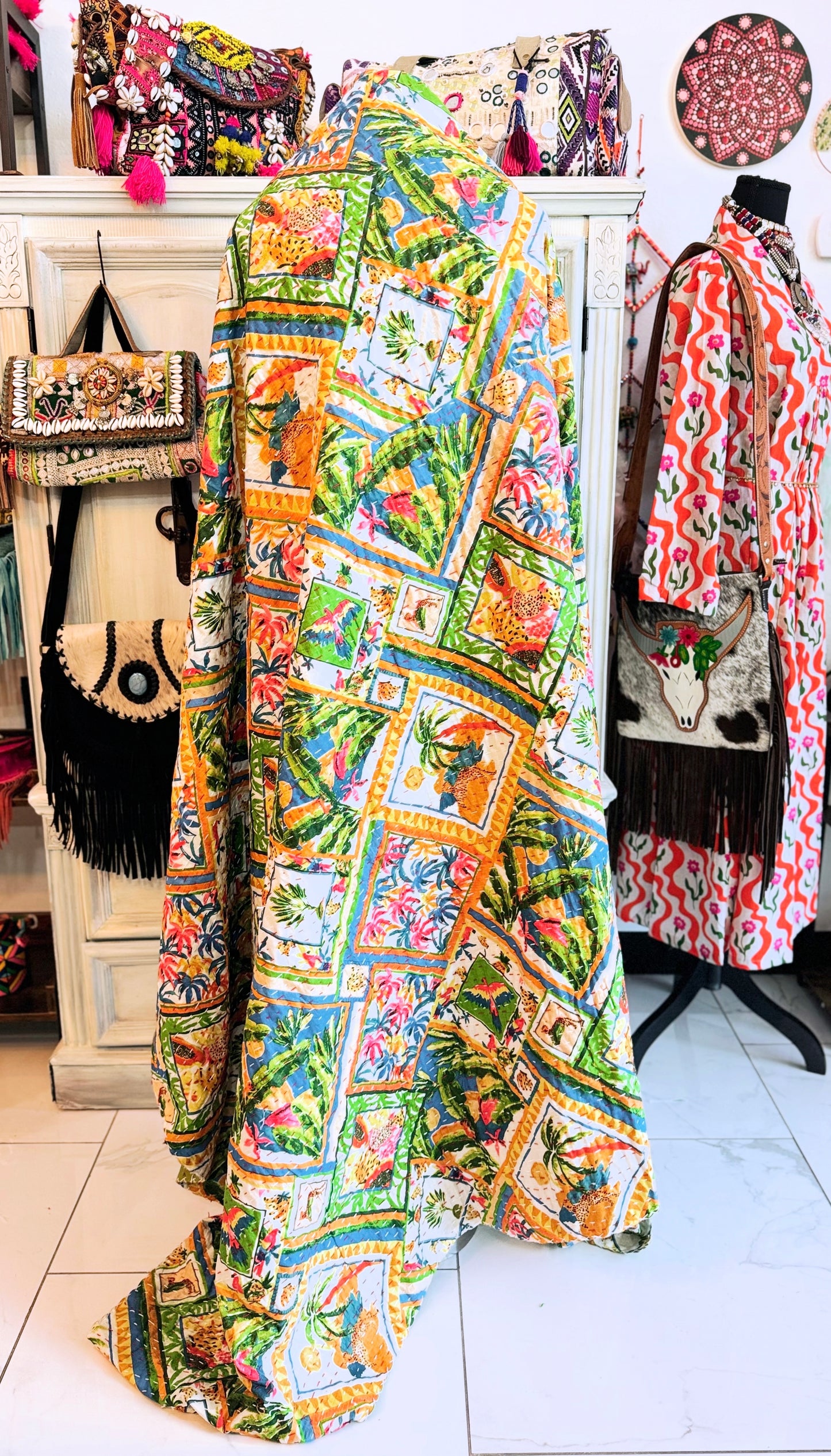 Safari Diamond Kantha Quilt | Cotton Lightweight Blanket | Throw/Twin Size