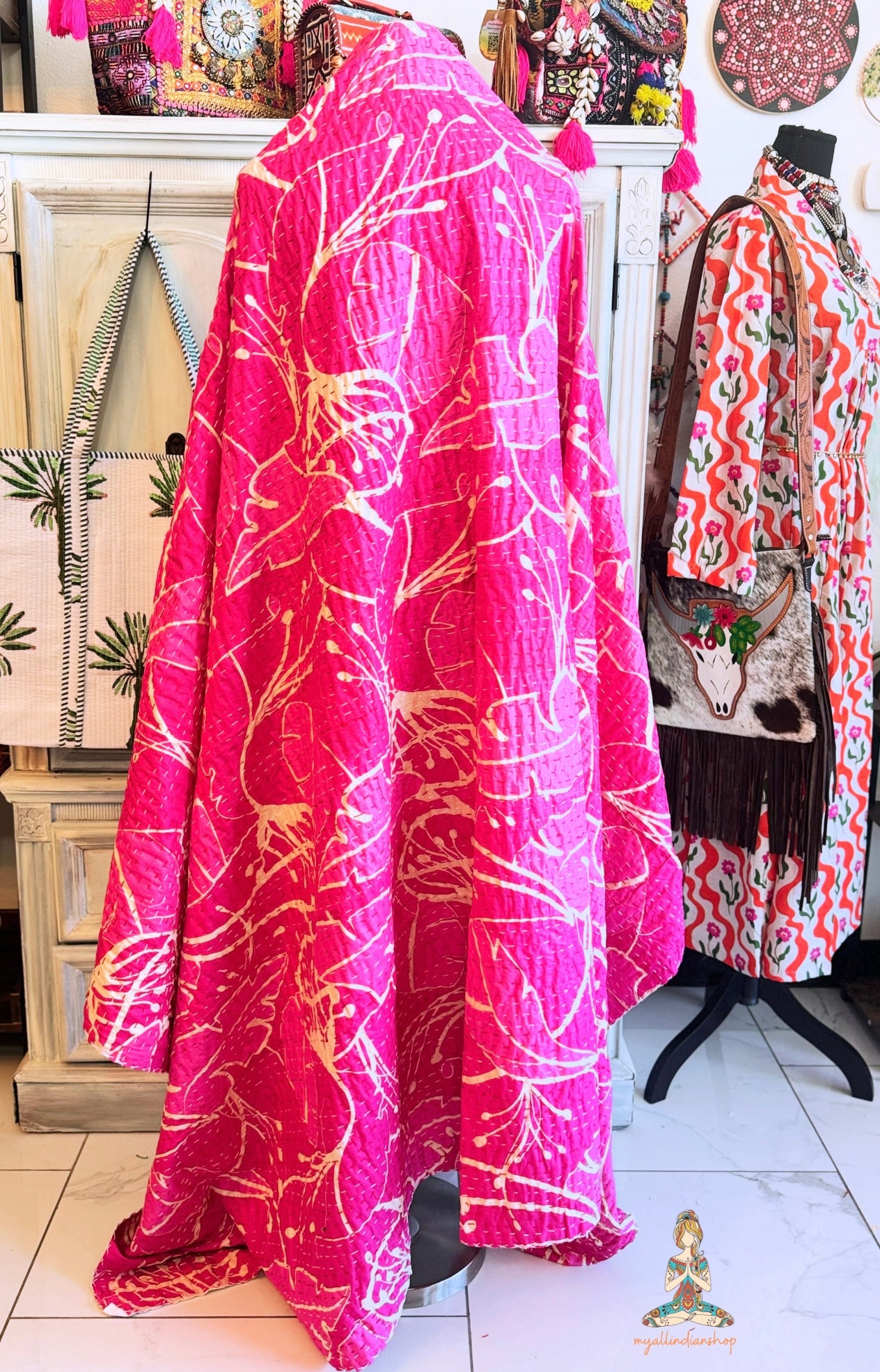 Hot Pink Kantha Quilt | Botanical Block Print Throw | Twin Size