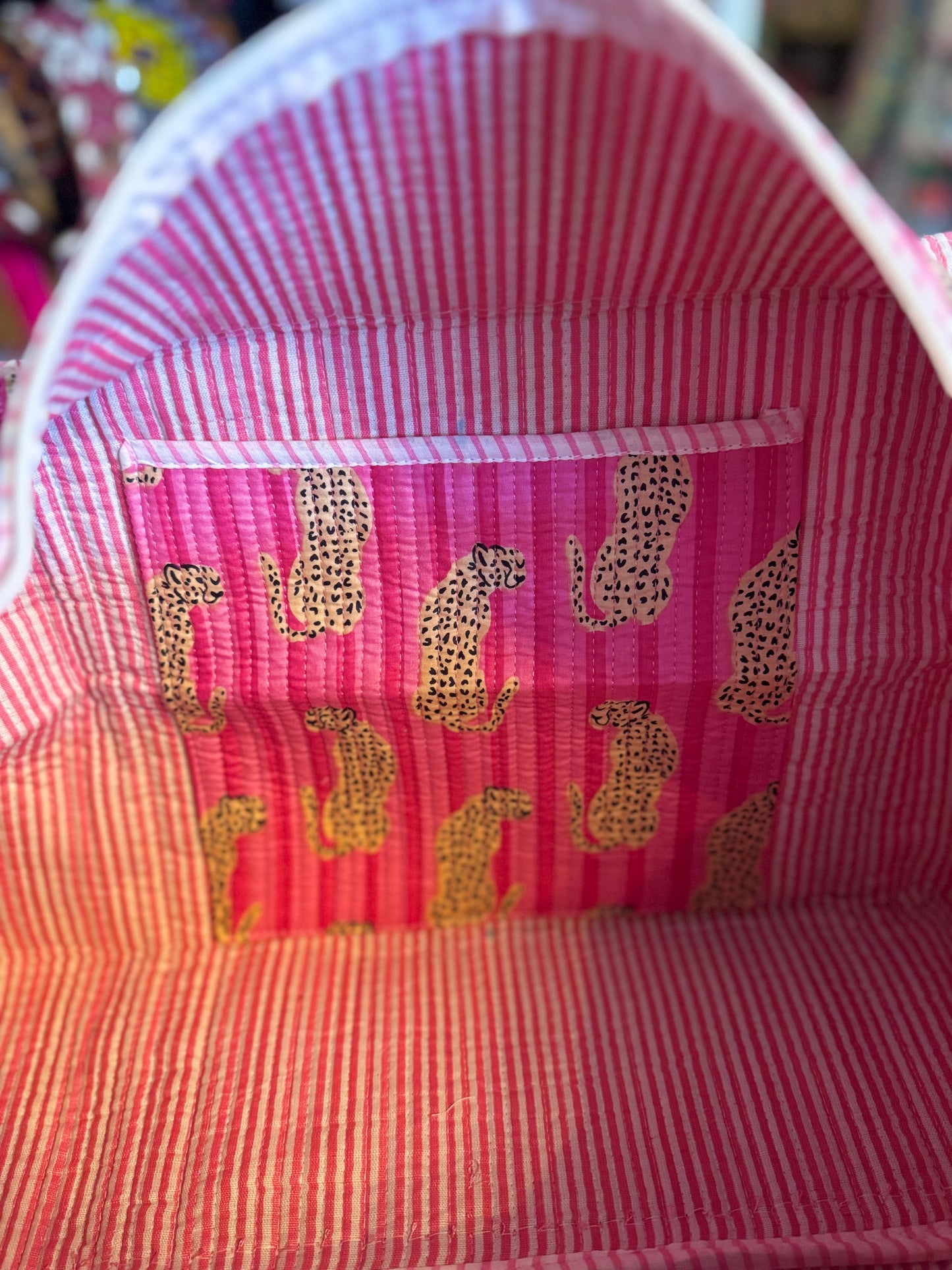 Hot Pink Leopard Print Quilted Duffel Bag – Handmade Animal Print Weekender Cotton Travel Bag