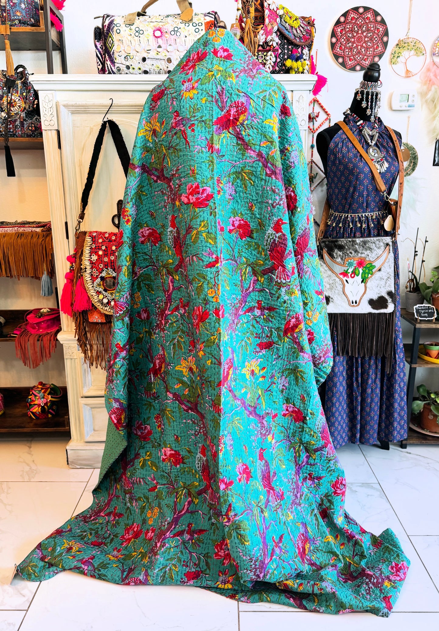 Bird Floral Kantha Quilt | Cotton Lightweight Blanket | Throw/ Twin Size