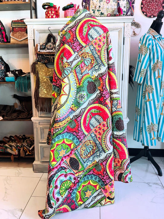 Mini Boho Mosaic – Handblock Printed Kantha Quilt | Cotton | Handmade
