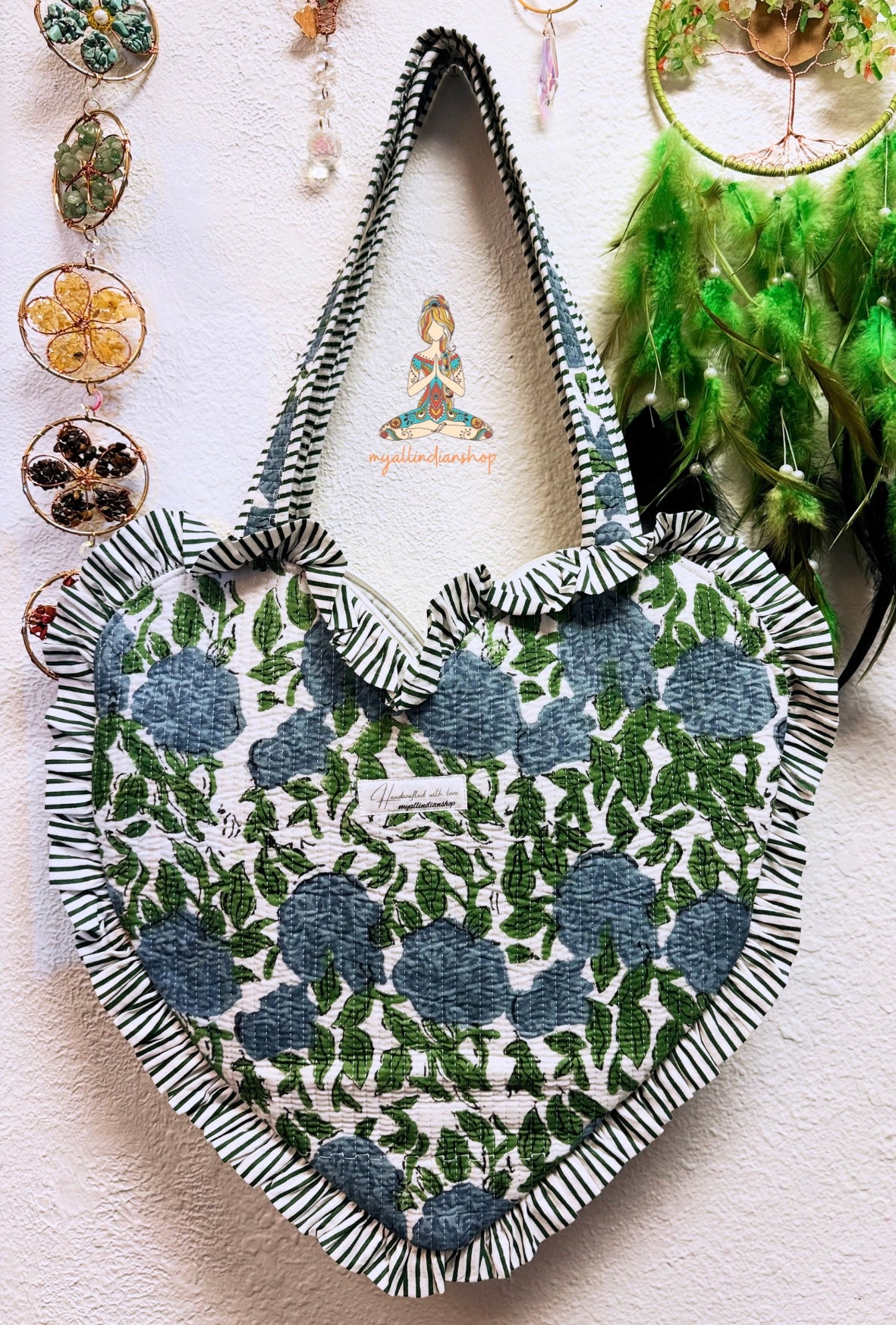 Heart Quilted Tote- Blue Flowers - Zipper - Pocket