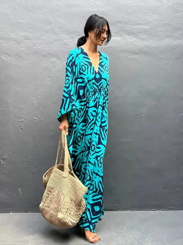 Aqua Tribal Drawstring Kaftan – Adjustable Waist, Soft & Flowy