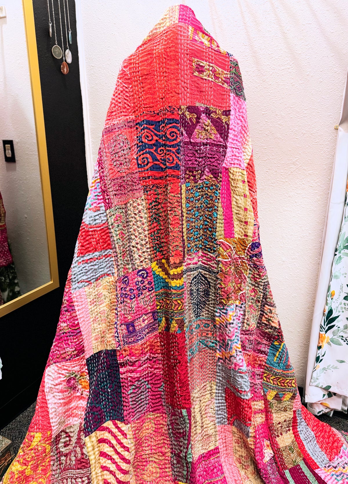 Silk Patchwork Kantha Quilt - Pink- Handmade | Silk | Cotton | Queen | King