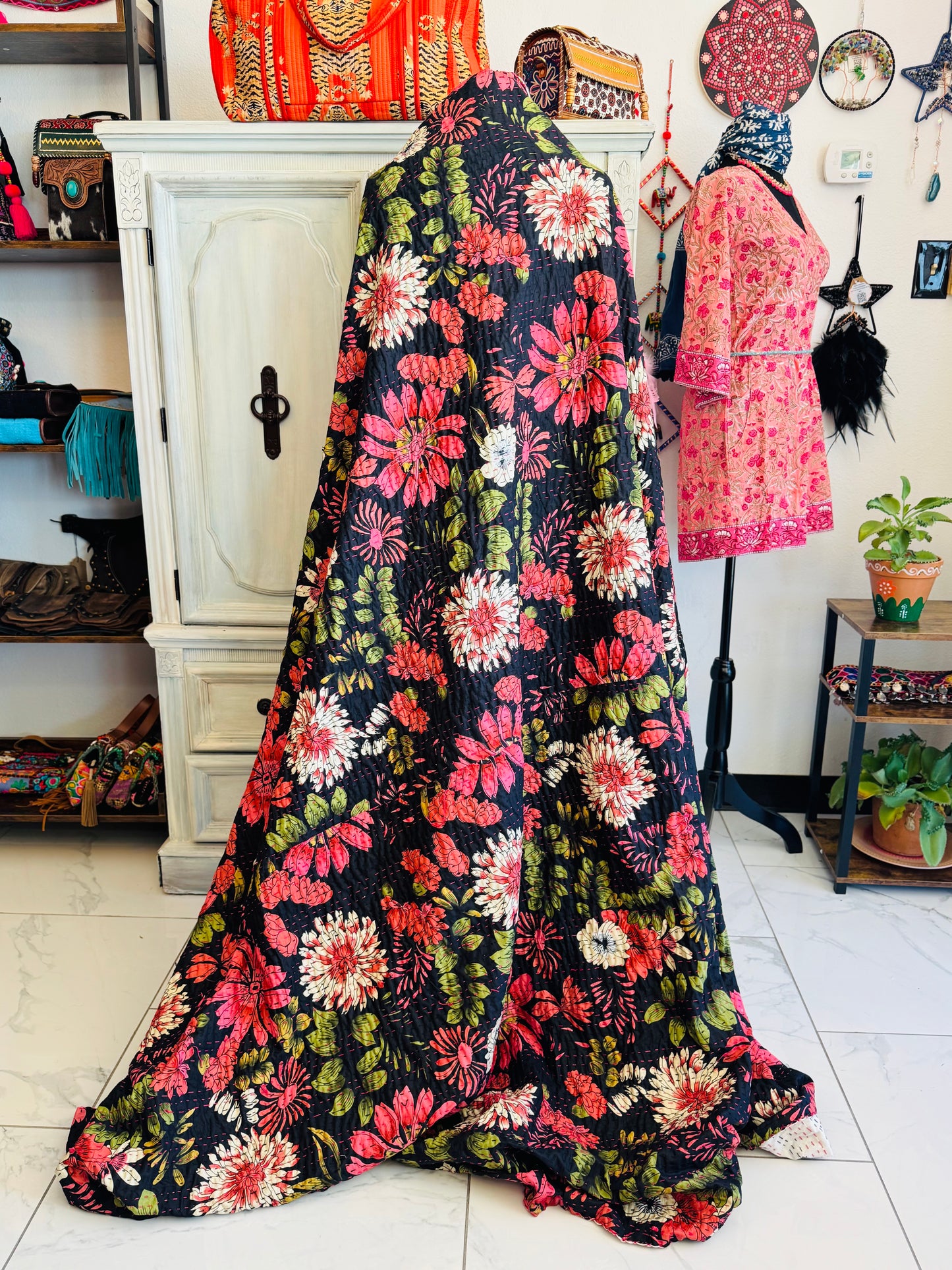 Midnight Dahlia – Handblock Printed Kantha Quilt | Cotton | Handmade | Full Size
