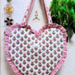 Heart Quilted Tote- Pink Flowers - Zipper - Pocket