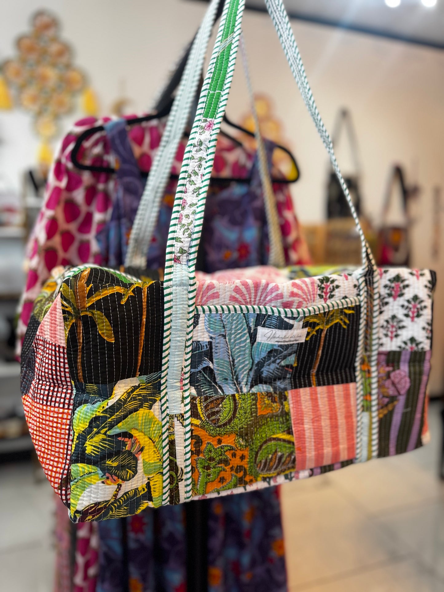 Tropical Palm Patchwork Quilted Duffel Bag – Handmade Botanical Block Print Cotton Weekender Bag